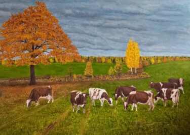 Malarstwo zatytułowany „Cow Painting Landsc…” autorstwa Larisa Raevskaia, Oryginalna praca, Olej
