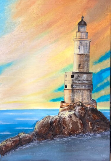 Painting titled "Lighthouse at Sunset" by Larisa Robins, Original Artwork, Acrylic Mounted on Wood Stretcher frame