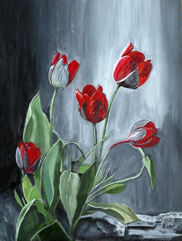 Painting titled "Why are tulips cryi…" by Larisa Robins, Original Artwork, Acrylic Mounted on Cardboard