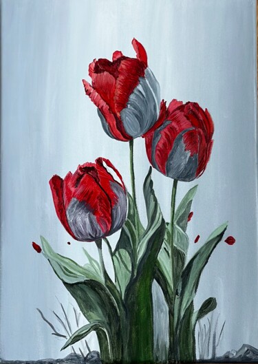 Painting titled "Why are the tulips…" by Larisa Robins, Original Artwork, Acrylic Mounted on Cardboard