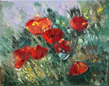 Painting titled "Red poppies" by Larisa Robins, Original Artwork, Oil Mounted on Wood Stretcher frame