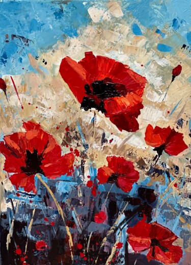 Painting titled "Field of red  poppi…" by Larisa Robins, Original Artwork, Acrylic Mounted on Wood Stretcher frame