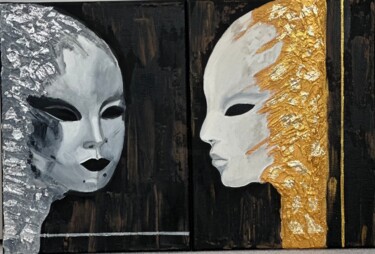 Painting titled "Masks" by Larisa Robins, Original Artwork, Acrylic Mounted on Wood Stretcher frame