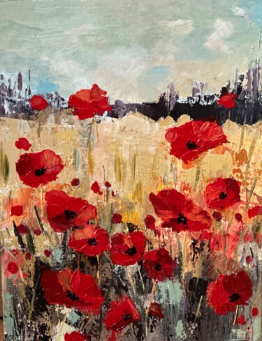 Painting titled "Red poppy field" by Larisa Robins, Original Artwork, Acrylic Mounted on Wood Stretcher frame