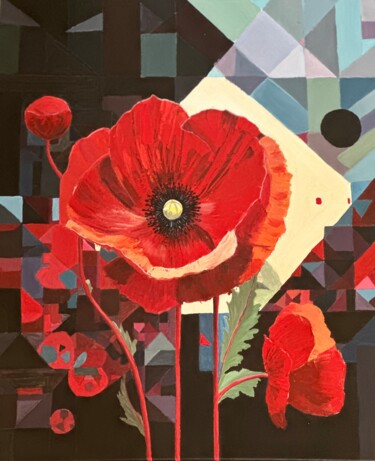 Painting titled "Red poppy" by Larisa Robins, Original Artwork, Acrylic Mounted on Wood Stretcher frame