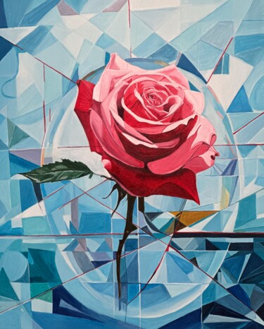 Painting titled "Red rose in ice" by Larisa Robins, Original Artwork, Acrylic Mounted on Wood Stretcher frame