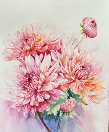 Malerei mit dem Titel "Chrysanthemums" von Larisa Robins, Original-Kunstwerk, Aquarell