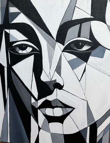 Painting titled "Facial Geometry 4" by Larisa Robins, Original Artwork, Acrylic Mounted on Wood Stretcher frame