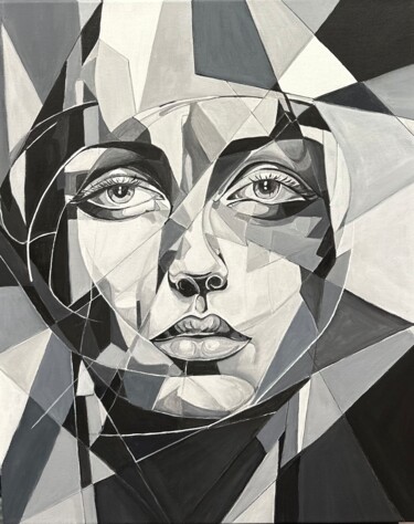 Ζωγραφική με τίτλο "Facial Geometry 5" από Larisa Robins, Αυθεντικά έργα τέχνης, Ακρυλικό Τοποθετήθηκε στο Ξύλινο φορείο σκε…