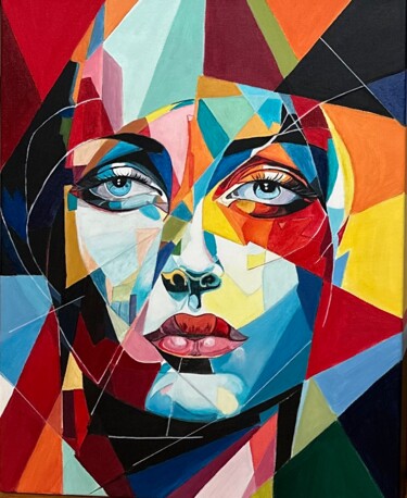 Painting titled "Facial Geometry-6" by Larisa Robins, Original Artwork, Acrylic Mounted on Wood Stretcher frame