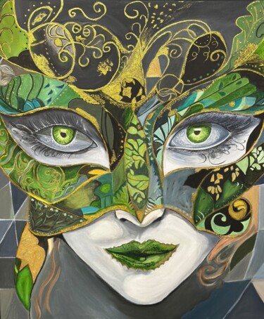 Ζωγραφική με τίτλο "Green mask" από Larisa Robins, Αυθεντικά έργα τέχνης, Ακρυλικό Τοποθετήθηκε στο Ξύλινο φορείο σκελετό