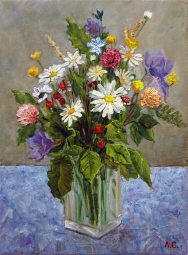Картина под названием "Букет полевых цветов" - Лариса Семакова, Подлинное произведение искусства, Масло