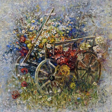 Peinture intitulée "The cart with happi…" par Larisa Semakova, Œuvre d'art originale, Huile