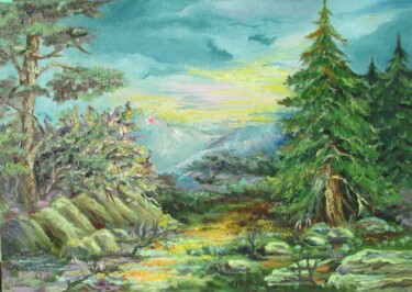 Painting titled "Вечер в горах" by Larisa Tkach, Original Artwork, Oil