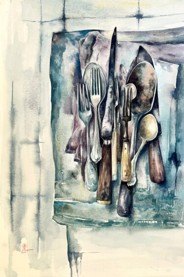 Painting titled "Cutlery#7" by Larissa Rogacheva, Original Artwork, Watercolor