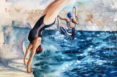 Schilderij getiteld "By the Pool #5" door Larissa Rogacheva, Origineel Kunstwerk, Aquarel