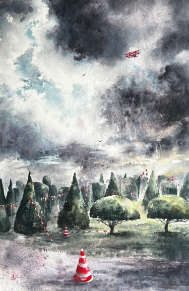 Schilderij getiteld "Green and Red#2" door Larissa Rogacheva, Origineel Kunstwerk, Aquarel