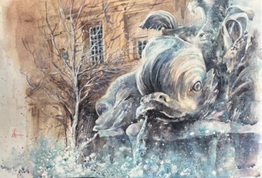 Painting titled "Fontaine des Quatre…" by Larissa Rogacheva, Original Artwork, Watercolor