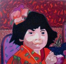 Schilderij getiteld "meisje met strik" door Christiane Jean, Origineel Kunstwerk