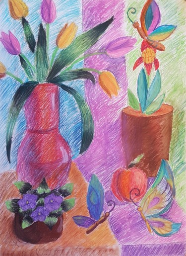 Peinture intitulée "Бабочки в цветах" par Dasha, Œuvre d'art originale, Pastel