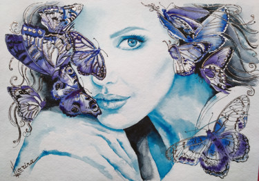 Painting titled "Blue portrait with…" by Olga Larina, Original Artwork, Watercolor