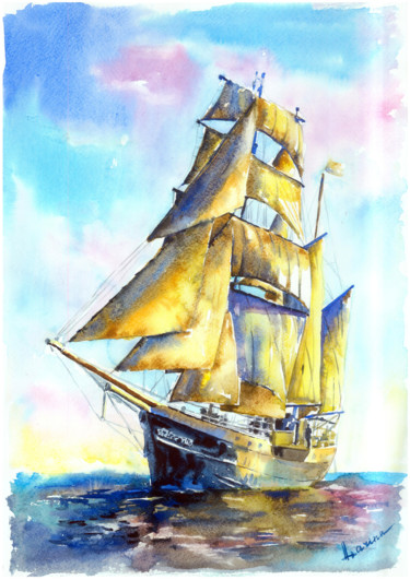 Картина под названием "Ship at sunset" - Olga Larina, Подлинное произведение искусства, Акварель