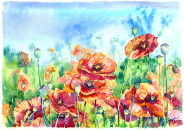 Painting titled "Poppies in the mead…" by Olga Larina, Original Artwork, Watercolor