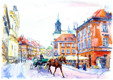 Malerei mit dem Titel "Old european street" von Olga Larina, Original-Kunstwerk, Aquarell