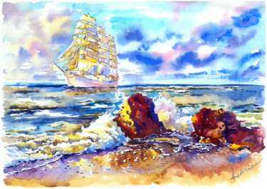 Painting titled "Waves on the coast" by Olga Larina, Original Artwork, Watercolor