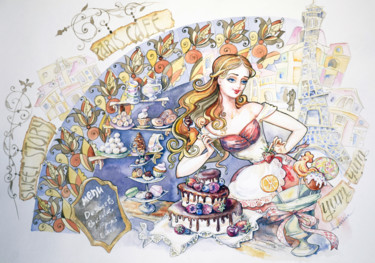 Peinture intitulée "Parisian cafe" par Olga Larina, Œuvre d'art originale, Aquarelle