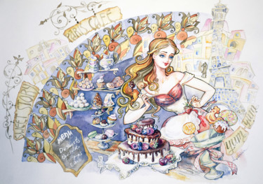 Parisian cafe Peinture intitulée "Parisian cafe" par Olga Larina, Œuvre d'art originale, Aquarelle