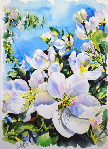 Malerei mit dem Titel "Blooming apple tree" von Olga Larina, Original-Kunstwerk, Aquarell