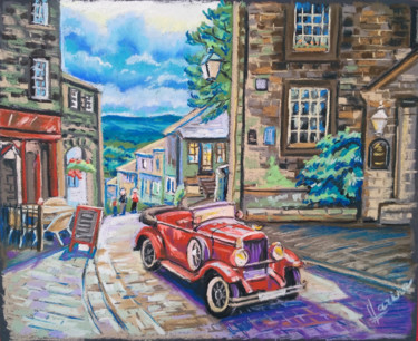 Painting titled "Red retro car" by Olga Larina, Original Artwork, Pastel