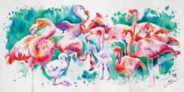 Картина под названием "Flamingo" - Olga Larina, Подлинное произведение искусства, Акварель