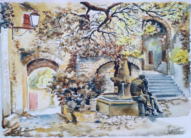 Painting titled "A couple in the old…" by Olga Larina, Original Artwork, Watercolor