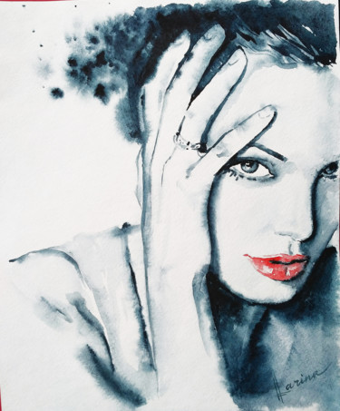 Painting titled "Portrait with red l…" by Olga Larina, Original Artwork, Watercolor