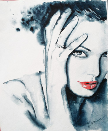 Schilderij getiteld "Portrait with red l…" door Olga Larina, Origineel Kunstwerk, Aquarel