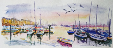 Malerei mit dem Titel "Yachts at the pier" von Olga Larina, Original-Kunstwerk, Aquarell