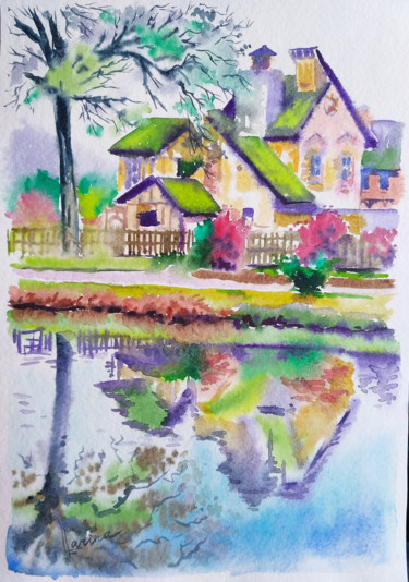 Painting titled "Old cottage by the…" by Olga Larina, Original Artwork, Watercolor