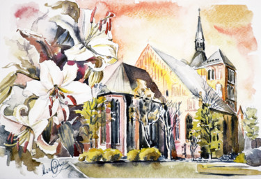 Painting titled "Old Church in Europe" by Olga Larina, Original Artwork, Watercolor