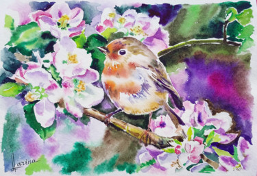 Malerei mit dem Titel "Small bird" von Olga Larina, Original-Kunstwerk, Aquarell