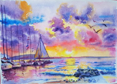 "Ocean sunset" başlıklı Tablo Olga Larina tarafından, Orijinal sanat, Suluboya
