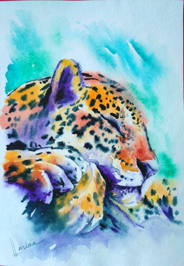 Malerei mit dem Titel "Jaguar" von Olga Larina, Original-Kunstwerk, Aquarell