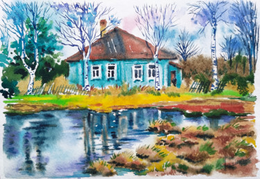 Malerei mit dem Titel "Old farm house" von Olga Larina, Original-Kunstwerk, Aquarell
