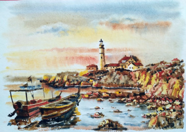 Painting titled "Old lighthouse" by Olga Larina, Original Artwork, Watercolor