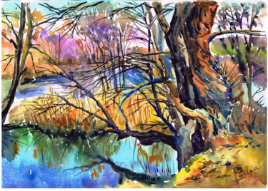 Malerei mit dem Titel "Forest trees" von Olga Larina, Original-Kunstwerk, Aquarell