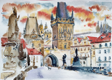 Schilderij getiteld "Prague. Charles Bri…" door Olga Larina, Origineel Kunstwerk, Aquarel