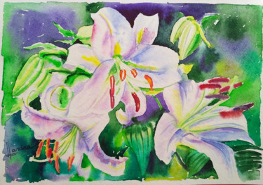 Pintura intitulada "White lilies" por Olga Larina, Obras de arte originais, Aquarela