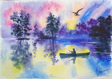Painting titled "Boat at sunset" by Olga Larina, Original Artwork, Watercolor