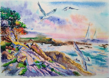 Painting titled "California rocky co…" by Olga Larina, Original Artwork, Watercolor